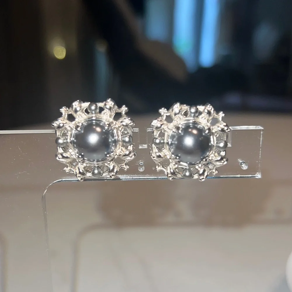 Erwin Pearl clip on earrings Vintage Semi-baroque Tahitian Pearl silver w/ blue - Picture 2 of 7